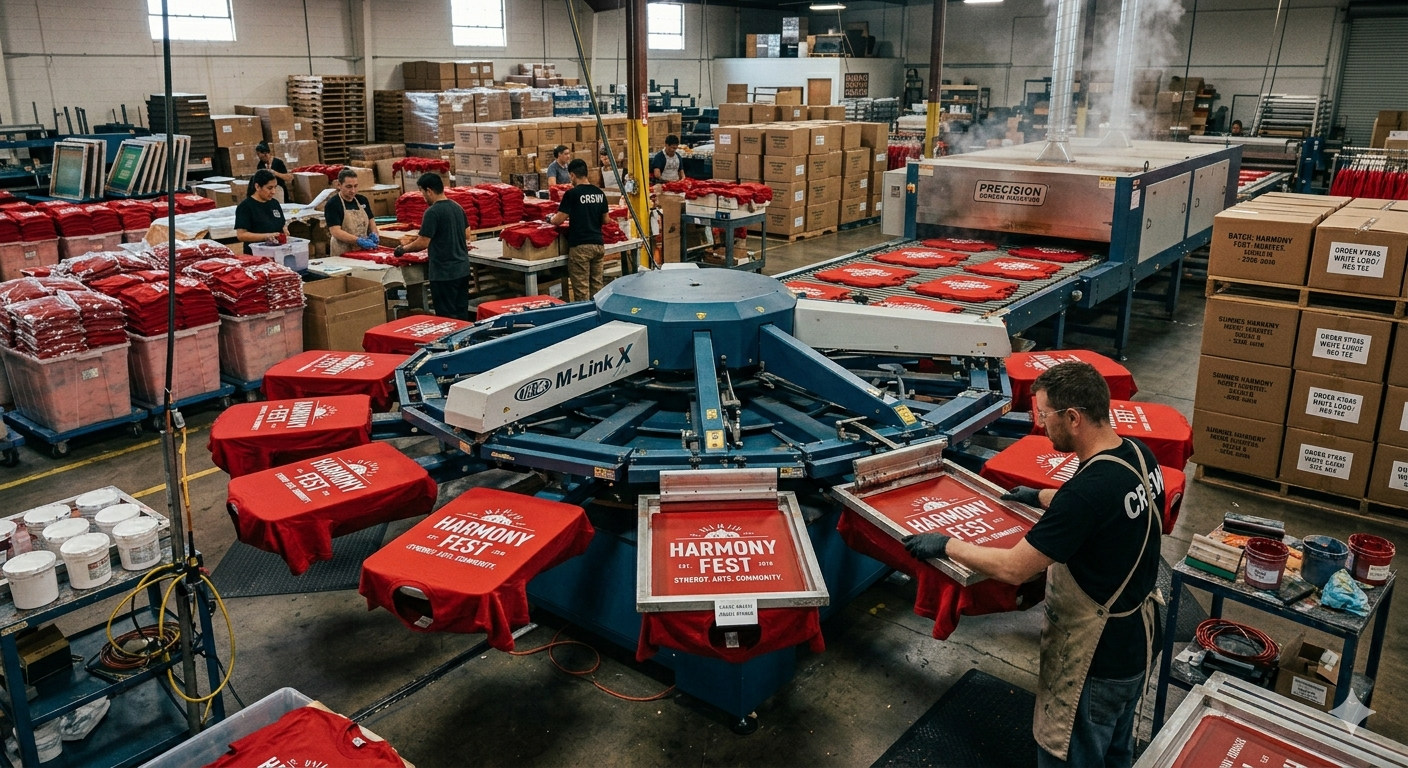 An industrial screen printing press printing a white logo onto red T-shirts in a large, active print shop facility.