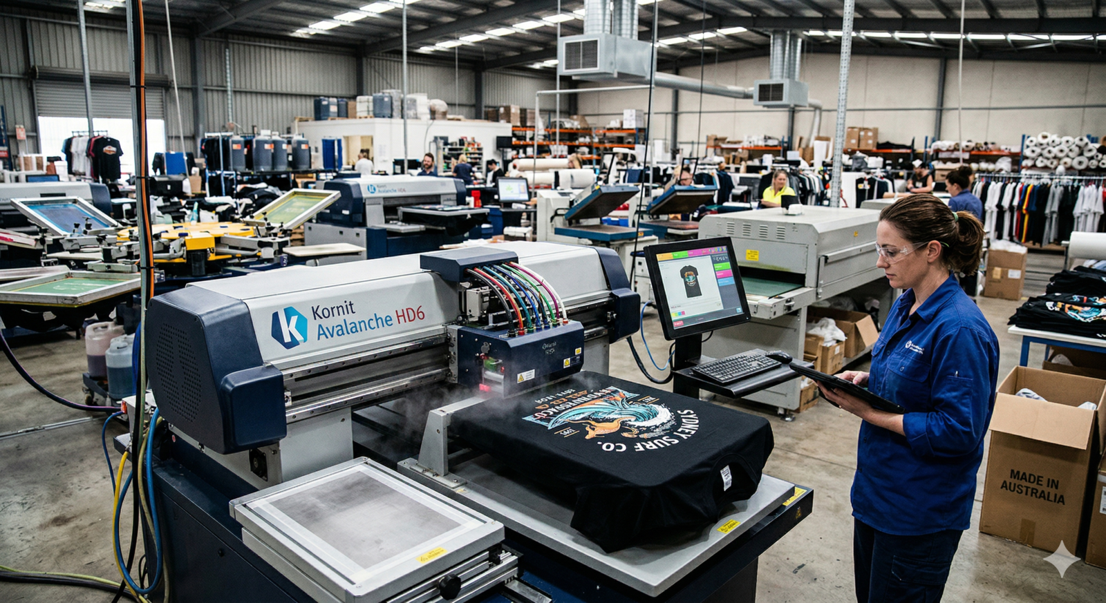 A professional industrial Direct to Garment (DTG) printing machine, a Kornit Avalanche HD6, printing a custom graphic design onto a black T-shirt in a busy Australian textile factory.