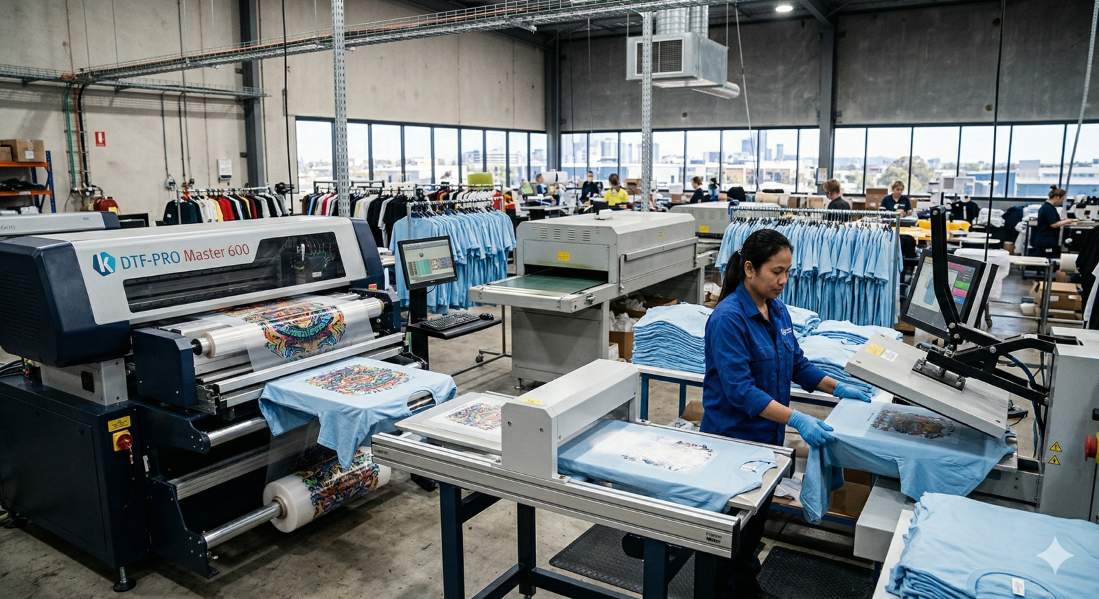 A busy Australian Direct to Film (DTF) printing factory, featuring a specialized DTF-PRO Master 600 machine printing graphic transfers on a large roll of film, which is then being heat-pressed onto light-blue t-shirts by a worker.
