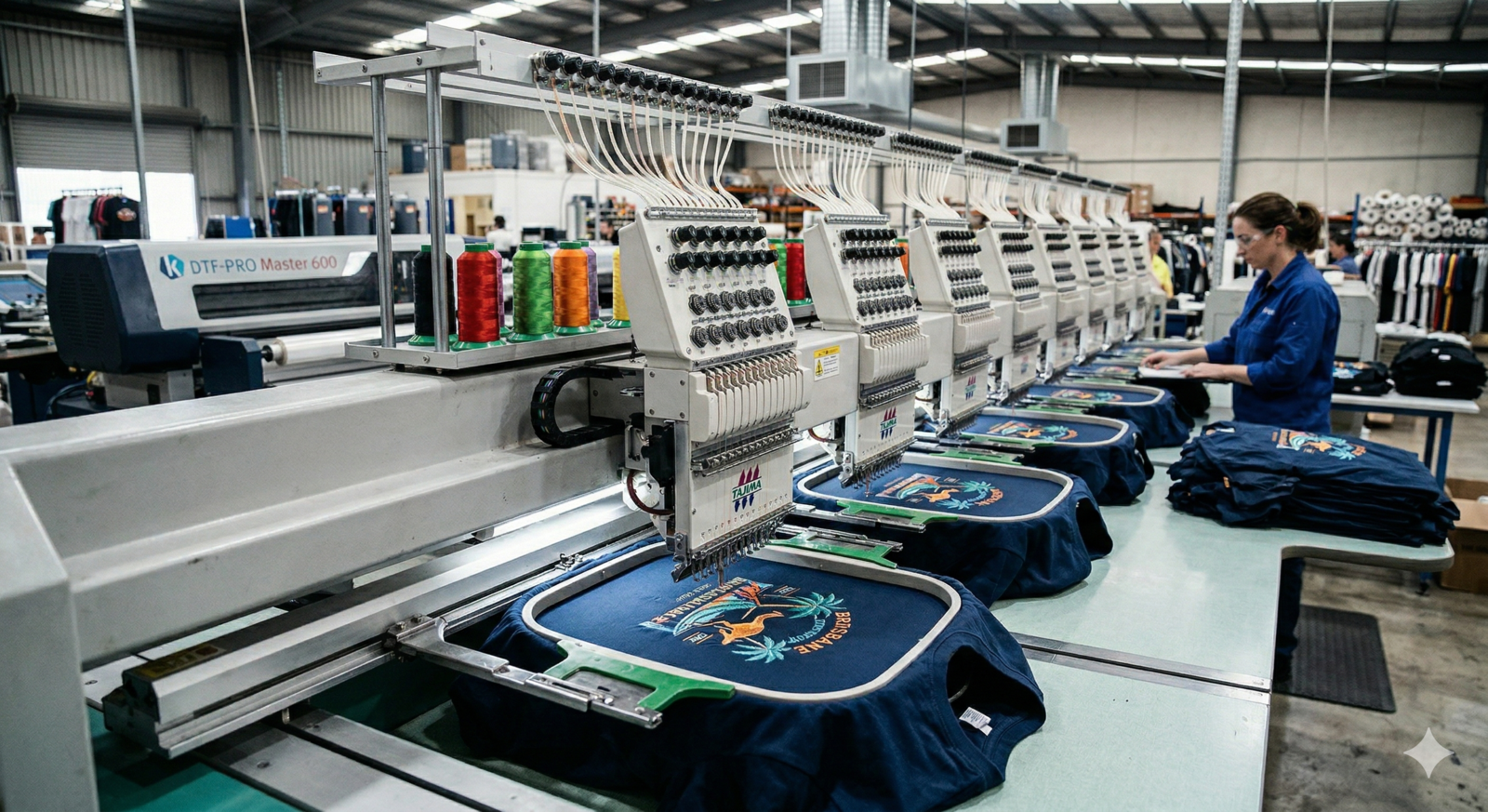 A high-speed multi-head industrial embroidery machine stitching intricate logos onto navy blue T-shirts held in circular hoops within a professional garment production facility.