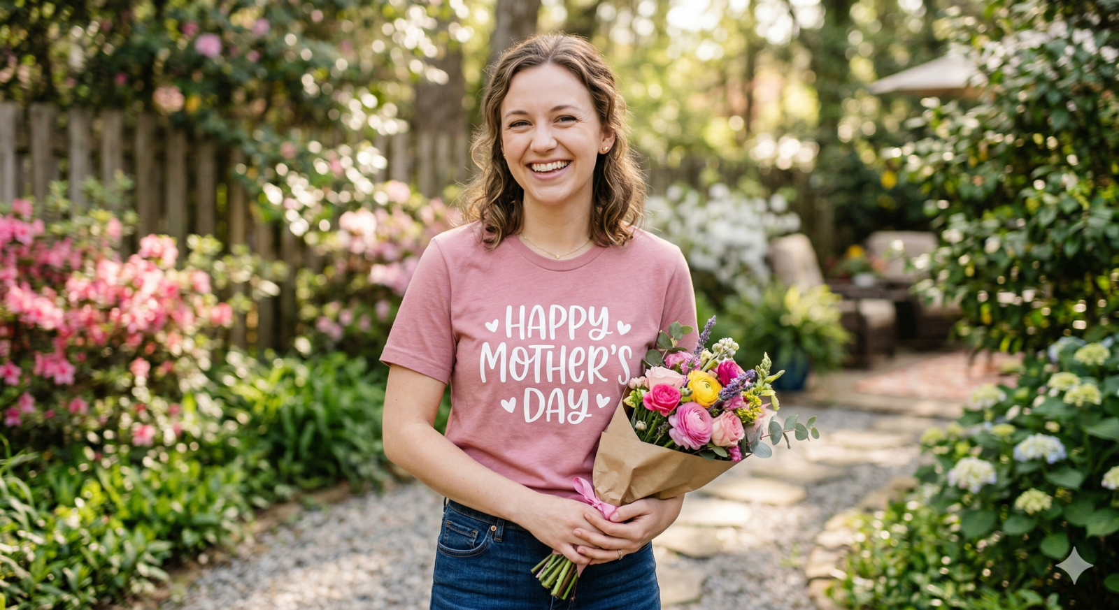 A young woman smiling warmly in a garden, wearing a pink t-shirt with the words "Happy Mother's Day" printed in white decorative lettering, while holding a colorful bouquet of spring flowers.