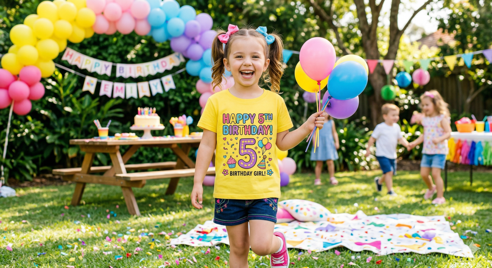 A young girl smiles while holding balloons at her outdoor 5th birthday party, wearing a yellow t-shirt that reads "Happy 5th Birthday!" with other children playing in the background.
