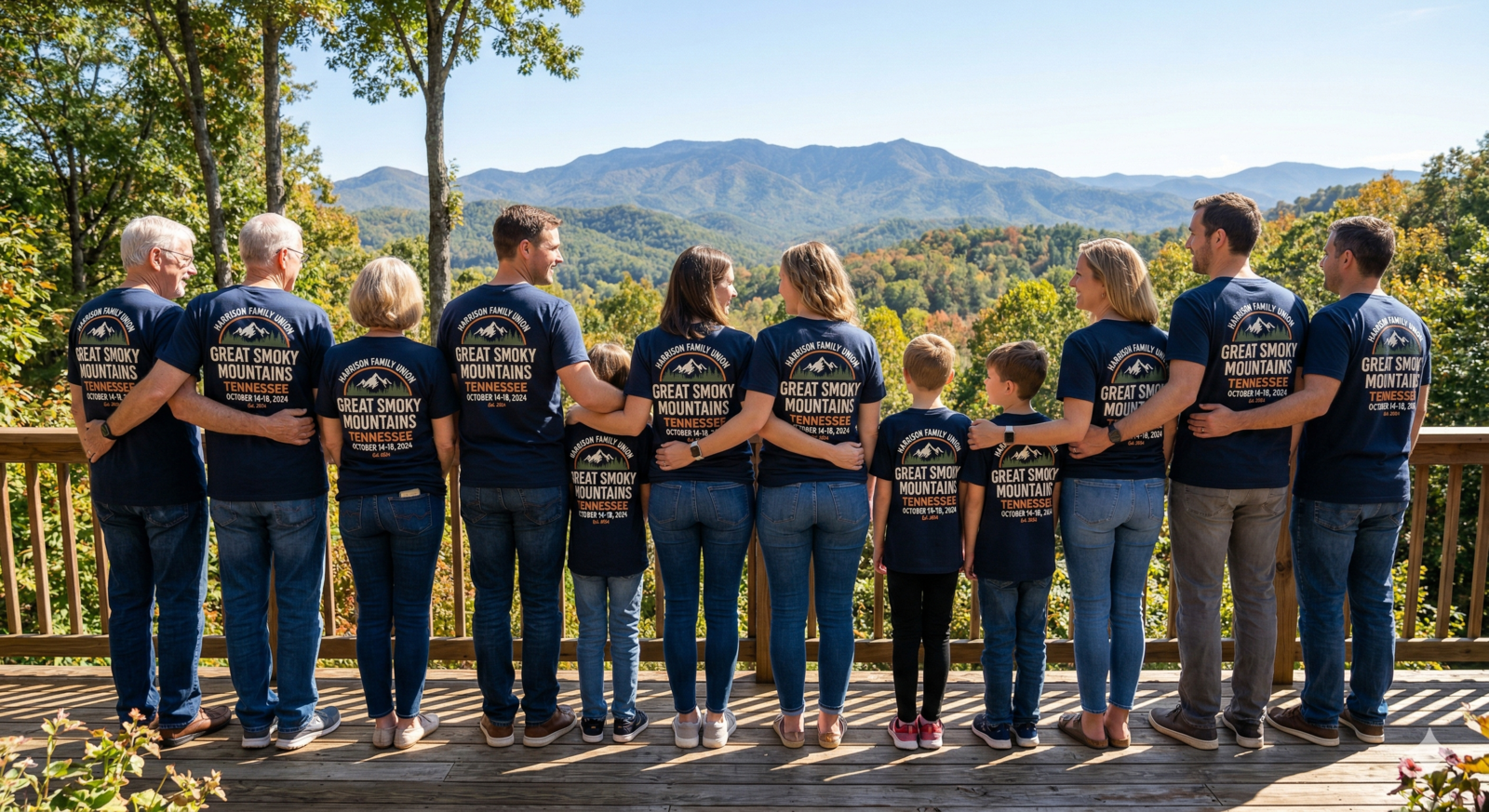 A family of twelve stands with their backs to the camera on a wooden deck overlooking a mountain range, all wearing matching navy blue t-shirts that feature a "Great Smoky Mountains" design with dates and a mountain graphic printed on the back.