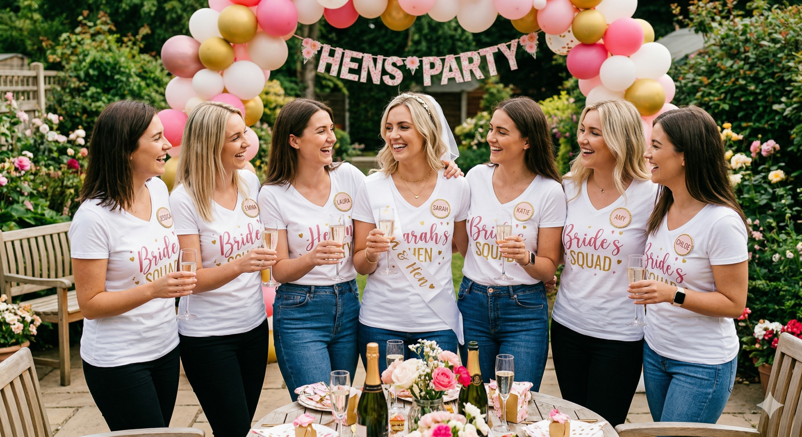 A group of seven happy women pose together in a garden, celebrating a hen party. The bride, in the center, wears a white t-shirt and a veil, while the other six friends wear matching "Bride Squad" shirts. They are all smiling and holding champagne flutes, with a balloon arch and "Hen Party" banner in the background.