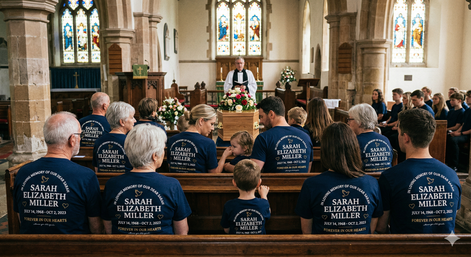 A group of ten people, seen from behind, are standing on a wooden deck looking at a mountain range. They are all wearing matching navy blue t-shirts that read "GREAT SMOKY MOUNTAINS TENNESSEE Est. 1968" with a graphic of mountains and trees.