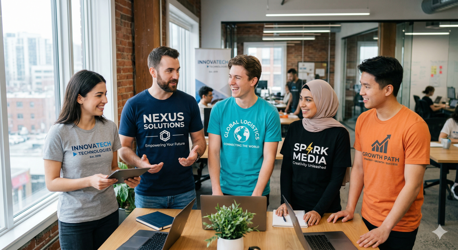 A diverse group of colleagues in a modern office setting wearing different colored promotional t-shirts, each featuring a unique company logo and branding such as "Nexus Solutions" and "Spark Media."