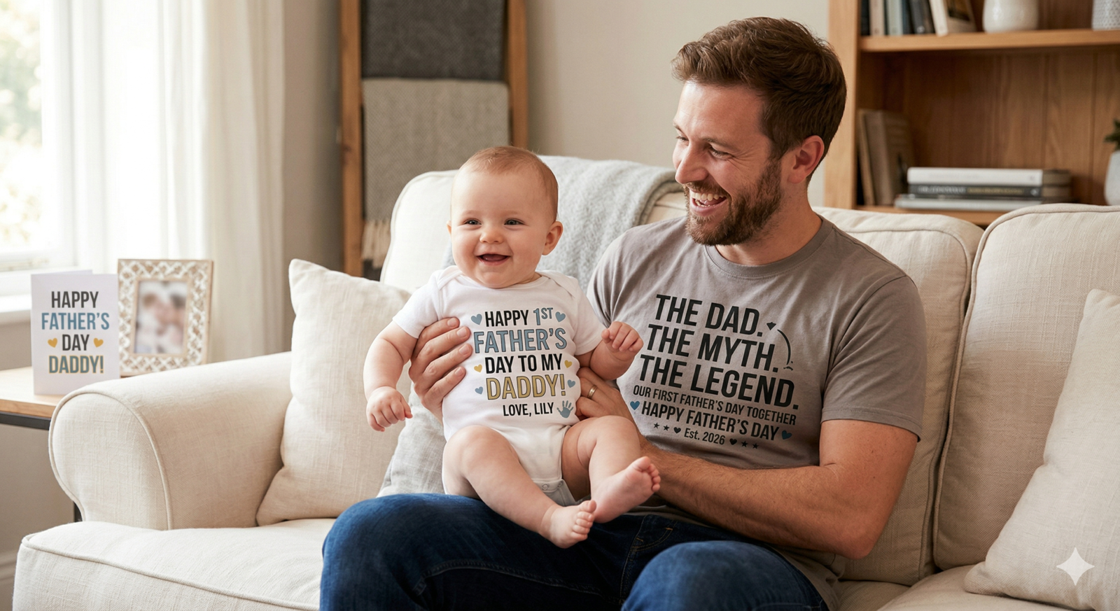 A smiling father holds a laughing baby while sitting on a couch. The father wears a grey t-shirt that reads "THE DAD. THE MYTH. THE LEGEND. OUR FIRST FATHER'S DAY TOGETHER. HAPPY FATHER'S DAY. Est. 2026." The baby wears a white onesie that reads "HAPPY 1st FATHER'S DAY TO MY DADDY! Love, Lily."