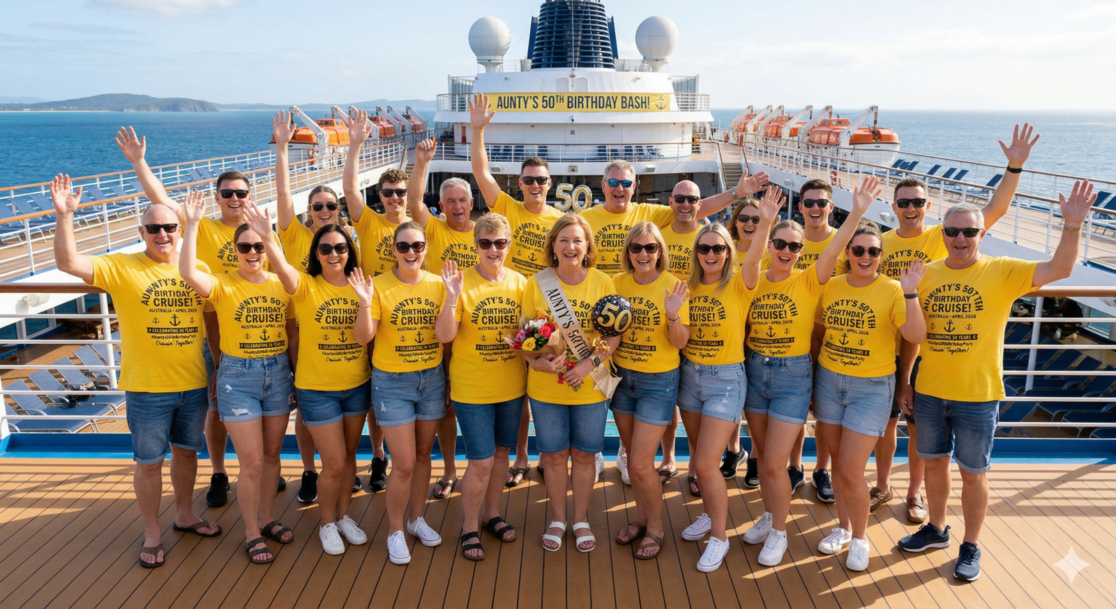 A large, joyful group of people celebrating a 50th birthday on the deck of a cruise ship. They are all wearing matching yellow t-shirts with black text that reads "Aunty's 50th Birthday Cruise!" accompanied by an anchor graphic. The birthday honoree stands in the center holding flowers and a "50" balloon, with the ocean and ship's upper decks in the background.