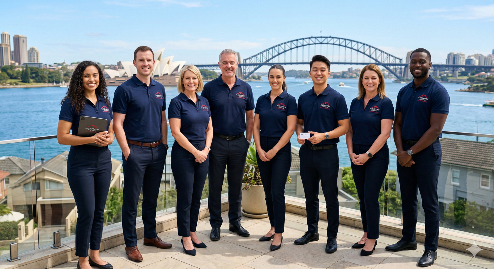 A professional team of eight real estate agents standing on a balcony with the Sydney Opera House and Harbour Bridge in the background. They are all wearing matching navy blue polo shirts with a red house-shaped logo embroidered on the left chest.