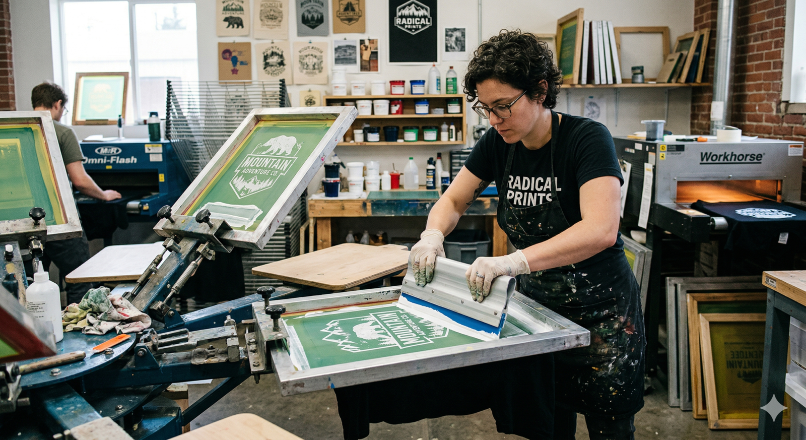 A person in a workshop carefully using a squeegee to press white ink through a screen onto a black t-shirt, with various screen printing equipment and finished prints visible in the background.