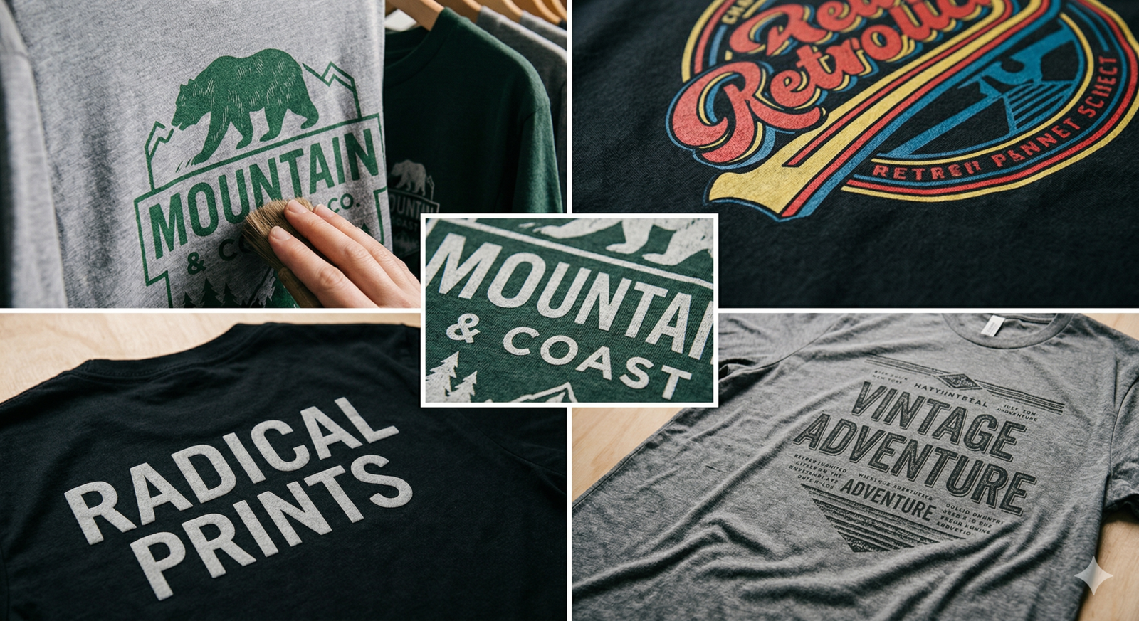 A multi-panel photo collage showcasing various screen-printed t-shirts, featuring detailed views of nature-themed graphics, retro logos, and bold typography on textured gray, black, and green fabrics.