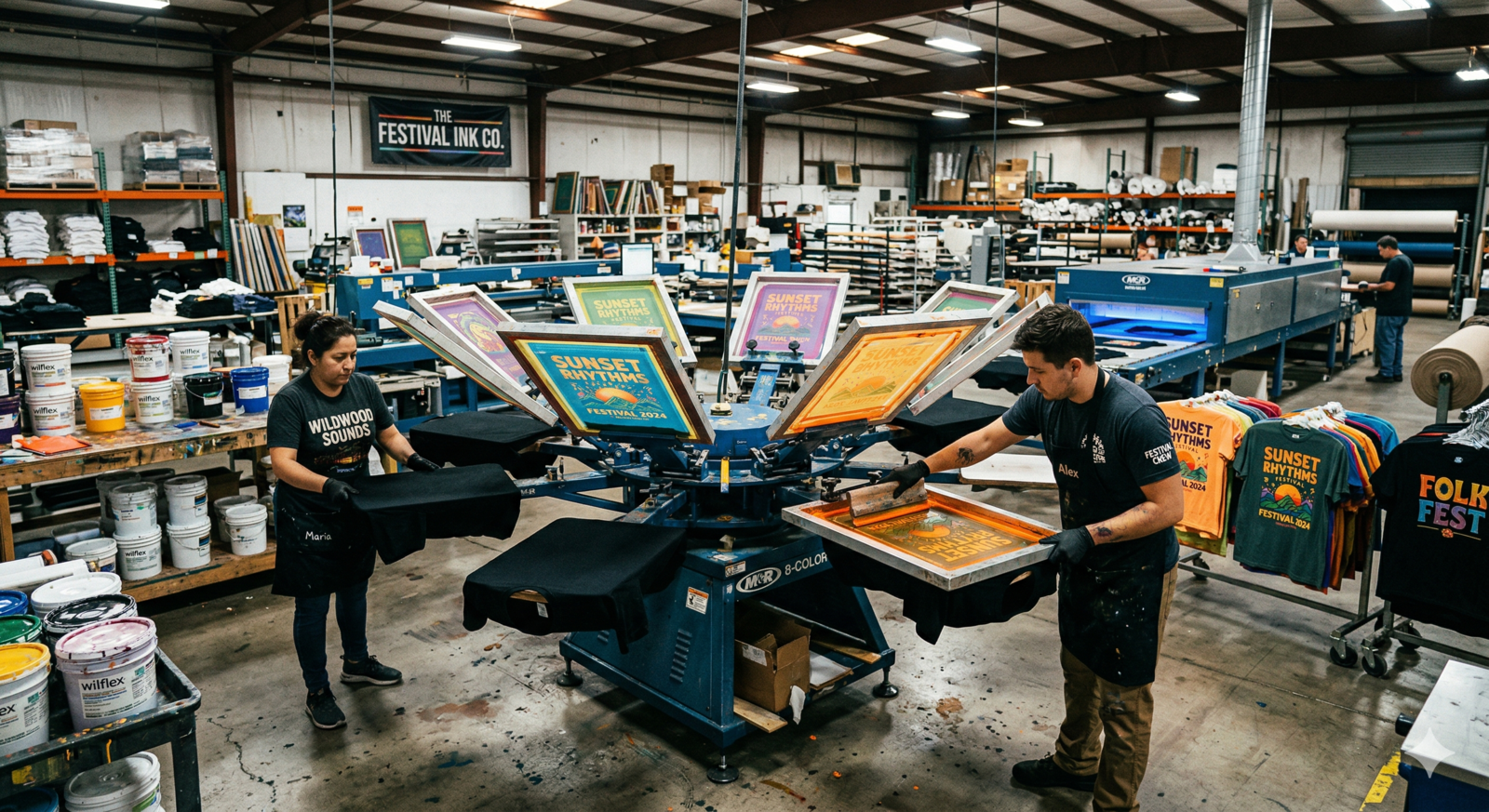A wide-angle view inside a bustling screen printing warehouse where workers are using a multi-arm carousel press to print vibrant "Sunset Rhythms" festival t-shirts. The scene includes industrial drying tunnels, ink buckets, and racks of finished colorful apparel in a professional production setting.