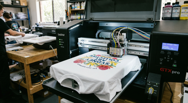 A close-up photograph of a professional DTG (Direct-to-Garment) printer in an Australian workshop. The machine, a Brother GTXpro, is actively printing a custom graphic onto a white t-shirt. The detailed, colorful design includes native Australian flowers and the text 'SYDNEY ART COLLECTIVE'. The print head carriage is moving over the garment. In the blurred background, another operator is preparing shirts, and shelves are stocked with ink bottles.