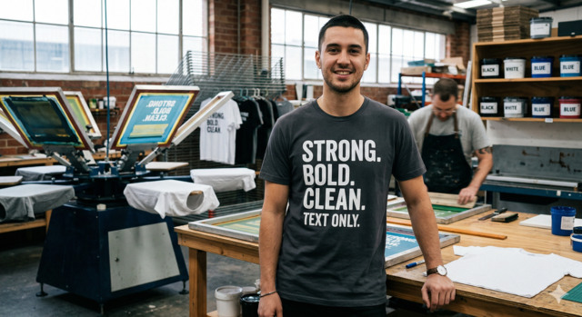 A photograph of a man smiling and wearing a grey custom t-shirt in a busy screen-printing workshop. The shirt features bold, clean white text that reads 'STRONG. BOLD. CLEAN. TEXT ONLY.' In the background, a large screen-printing press, various inks, and another worker can be seen