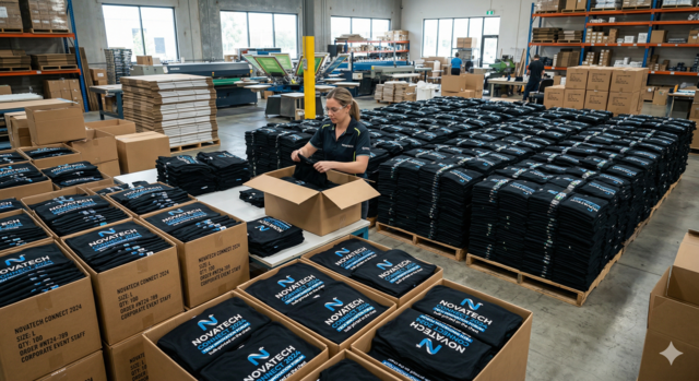 A wide-angle shot of a busy screen printing warehouse featuring a massive bulk order of black corporate t-shirts. Stacks of neatly folded shirts with a blue and white "NOVATECH CONNECT" logo are arranged on wooden pallets, while a worker in the foreground carefully packs shirts into labeled cardboard boxes for shipping. The background shows professional screen printing machinery and high-shelved warehouse storage.