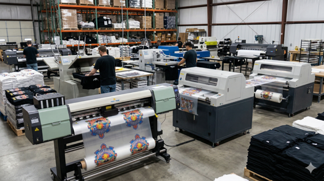 A wide-angle, industrial photograph captured inside a large apparel printing warehouse, showcasing various stages of the Direct to Film (DTF) process. The foreground features a large DTF printer feeding a roll of film, next to an automatic powder application and curing machine. In the midground, several workers operate distinct production lines. One operator works on a second, smaller DTF printing unit