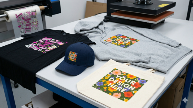 a black cotton t-shirt, a grey fleece hoodie, a navy blue baseball cap, and a natural canvas tote bag. A DTF heat press is visible in the background, along with a roll of printed DTF film