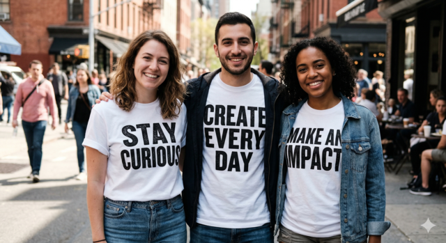 Three people standing together on a busy city street wearing white screen-printed t-shirts with bold black sans-serif text reading "STAY CURIOUS," "CREATE EVERY DAY," and "MAKE AN IMPACT."