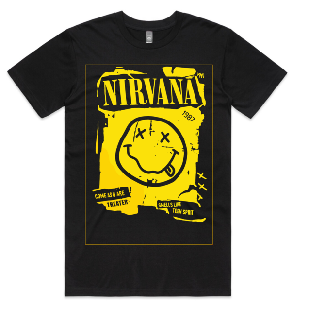 Black AS Colour Staple Tee with yellow front screen print and large yellow back graphic for  bulk custom cotton t shirt order