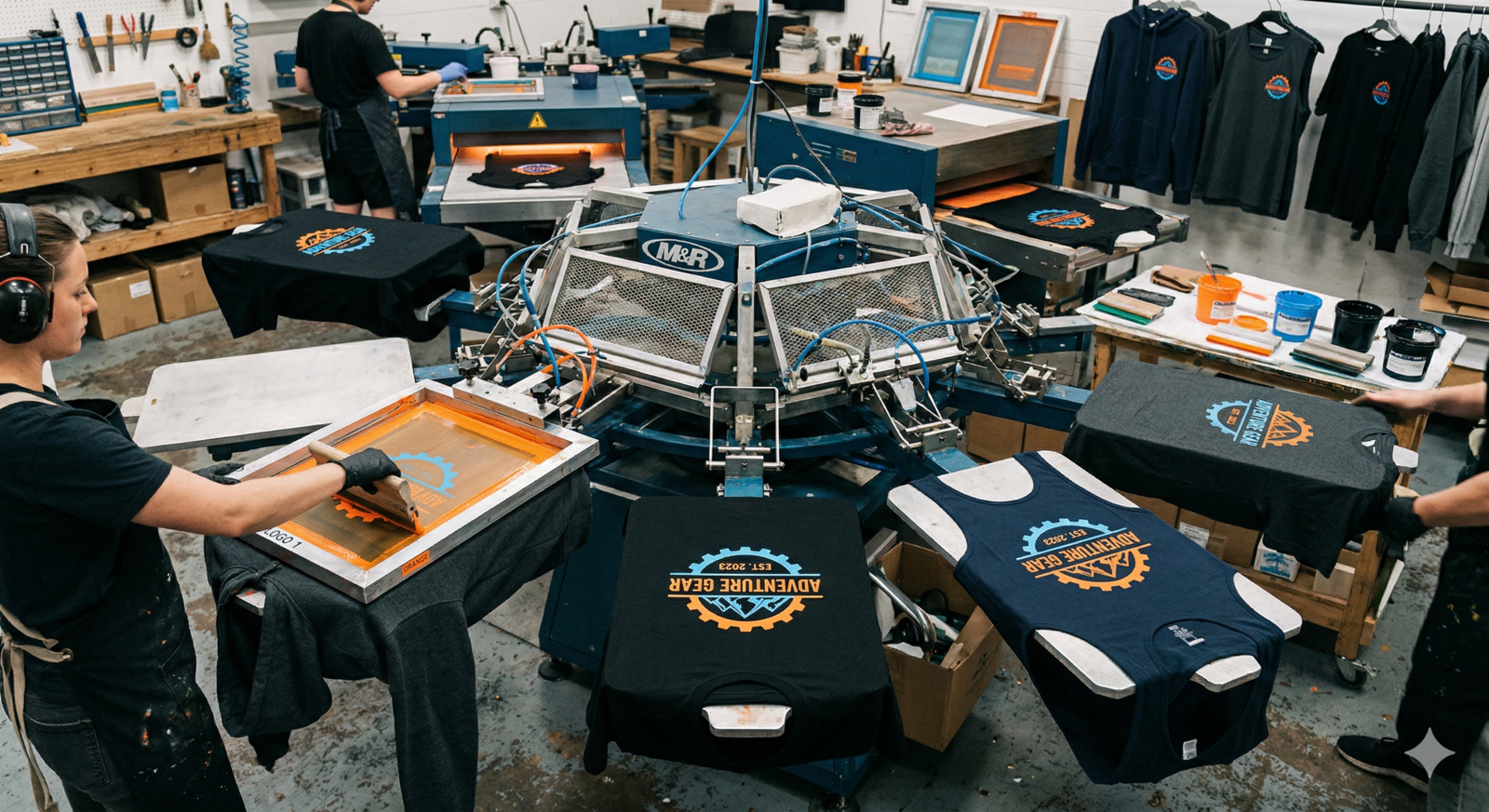 Automatic screen printing machine applying a two-color custom logo to a variety of dark-colored apparel.