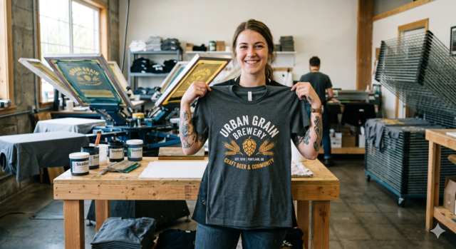 A woman smiling in a professional screen printing studio, holding up a charcoal grey custom-printed t-shirt featuring a vintage-style "Urban Grain Brewery" logo with hop and wheat graphics.