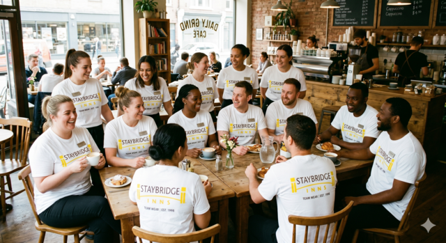 A large group of diverse Staybridge Inns hotel staff members wearing matching white t-shirts with yellow branding are gathered and laughing around a large wooden table in a brightly lit cafe called Daily Grind Cafe.