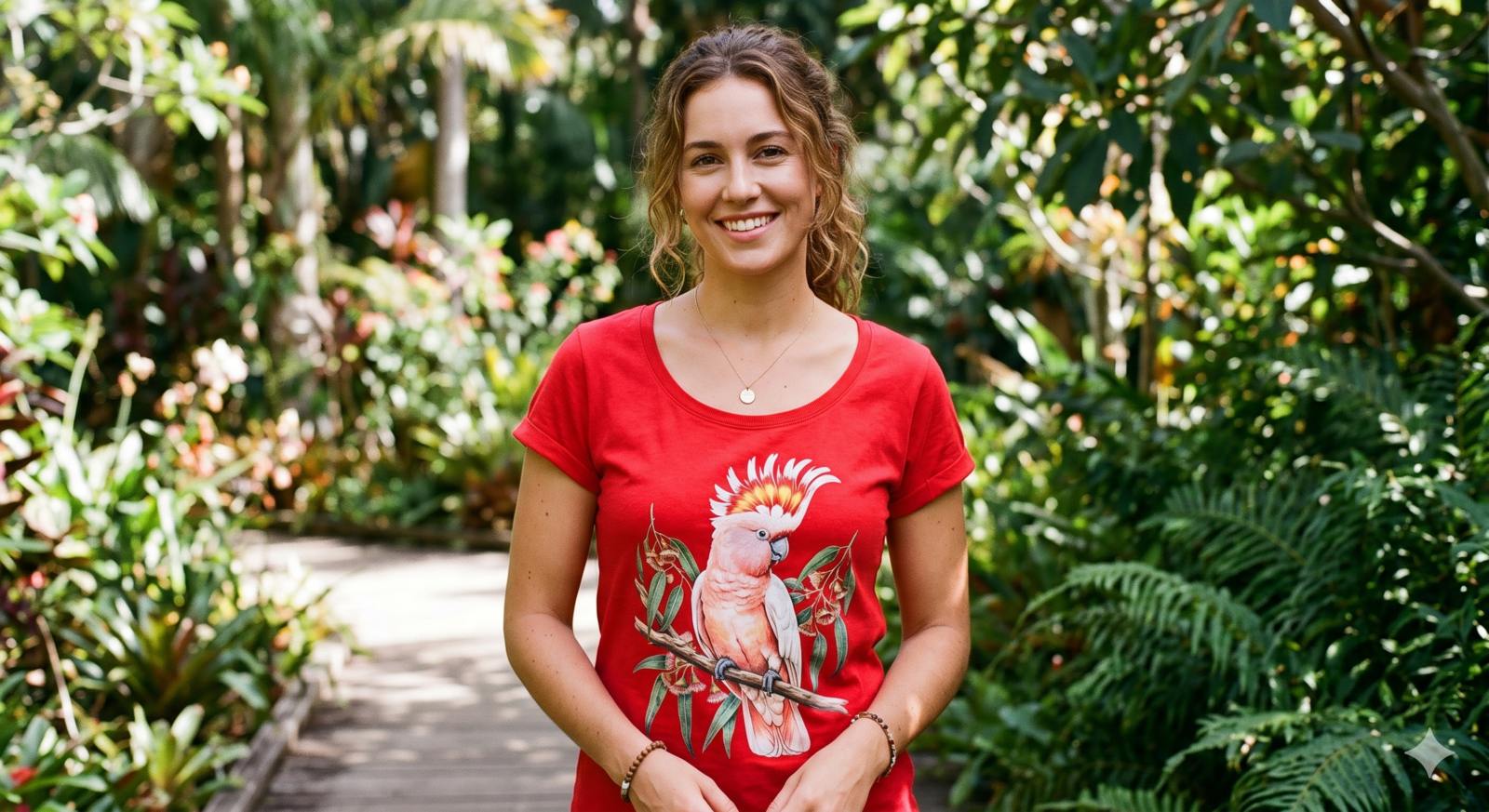 A woman wearing a bright red scoop neck t-shirt featuring a detailed graphic print of a Major Mitchell's cockatoo perched on a branch with eucalyptus leaves, set against a lush tropical garden background.