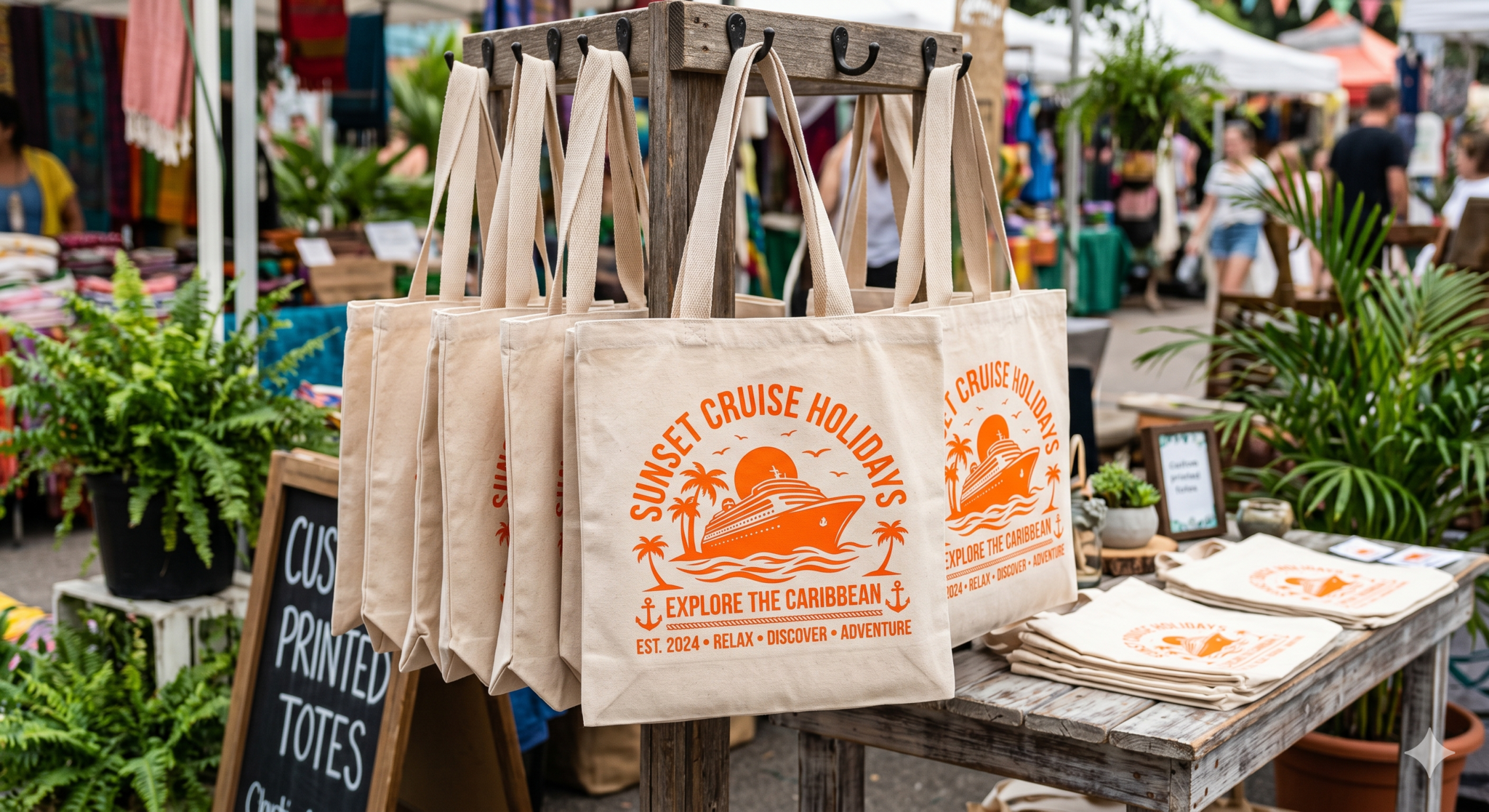 A display of cream-colored calico tote bags hanging from a wooden stand at an outdoor market. Each bag features a vibrant orange screen-printed design showing a cruise ship at sunset with palm trees, titled "Sunset Cruise Holidays - Explore the Caribbean."