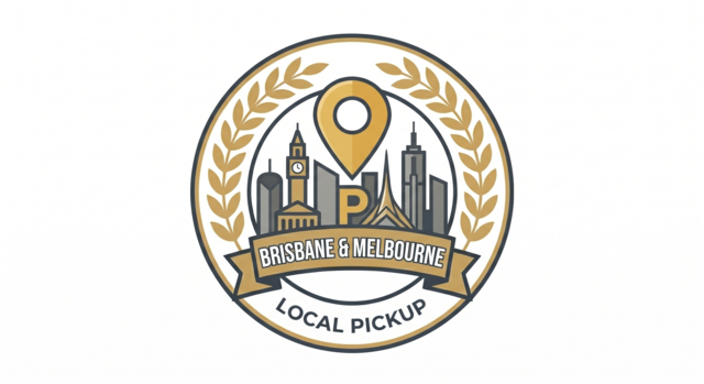 Local pickup icon for Brisbane and Melbourne featuring a gold location pin over a stylized city skyline for custom t-shirt orders.