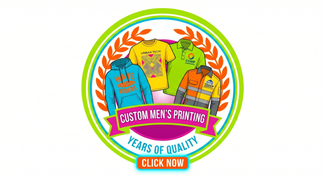 Brightly colored icon for Custom Men’s Printing featuring a blue hoodie, yellow t-shirt, green polo, and orange hi-vis workwear.