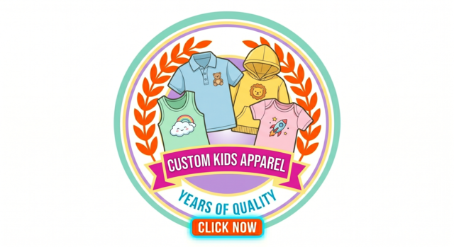 Colorful icon for Custom Kids Apparel featuring a blue polo, a yellow hoodie, a green singlet, and a pink baby onesie with playful graphics.