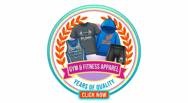 High-energy icon for Gym and Fitness Apparel featuring a grey performance tee, a blue mesh singlet, a blue hoodie, and black gym shorts.