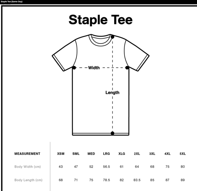 Size charts for funeral shirts for Staple Tee