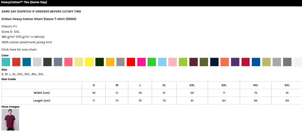 HeavyCotton Tee by Gildan - Size Chart - Great as budget funeral shirts