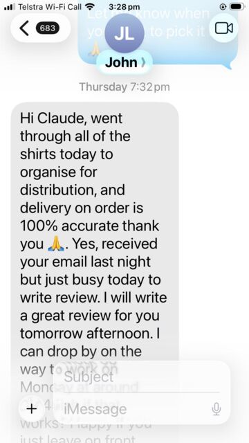 Customer text message confirming the sublimated shirt order was 100% accurate and delivered correctly