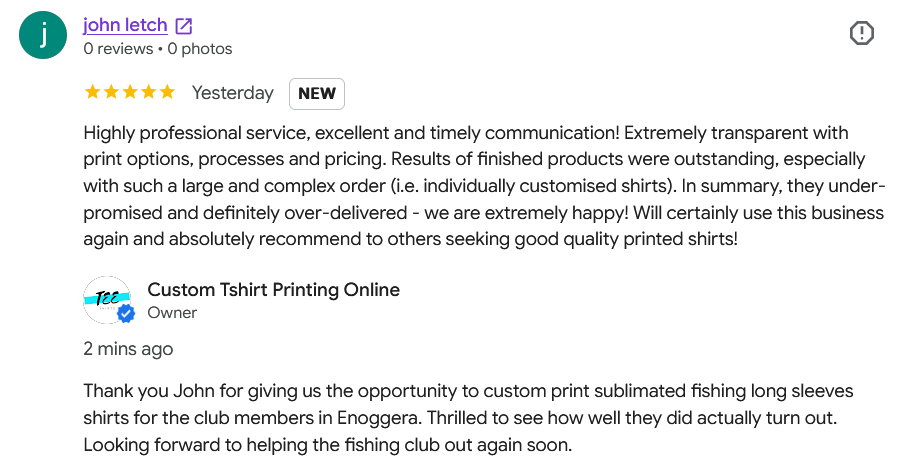 Google review by customer on sublimation fishing shirts