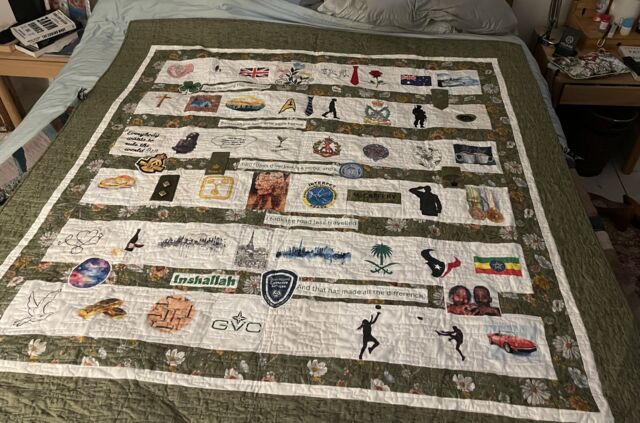 Completed personalised memory quilt made with photos printed on cotton fabric in Brisbane