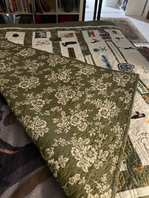 DTG printed photo patches and symbols hand sewn into a personalised memory quilt