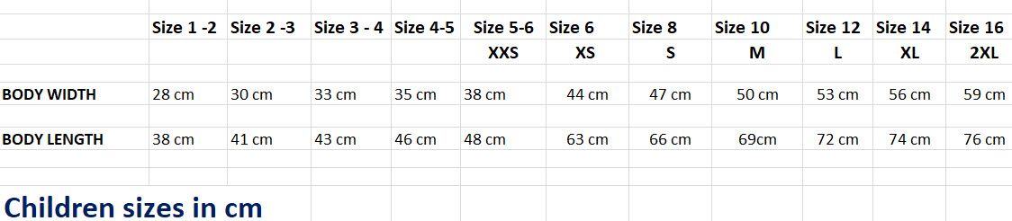 Kids clothing size chart