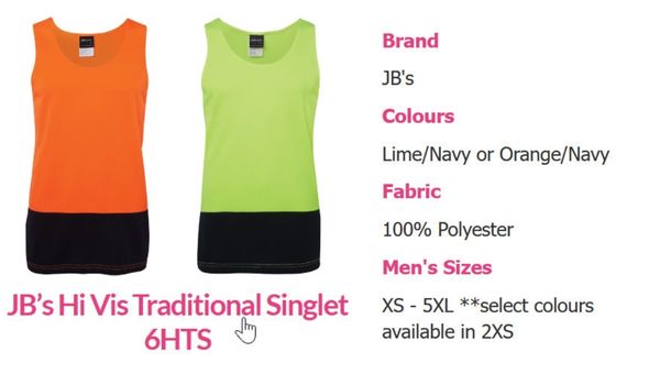 JB hi vis traditional singlets 6HTS